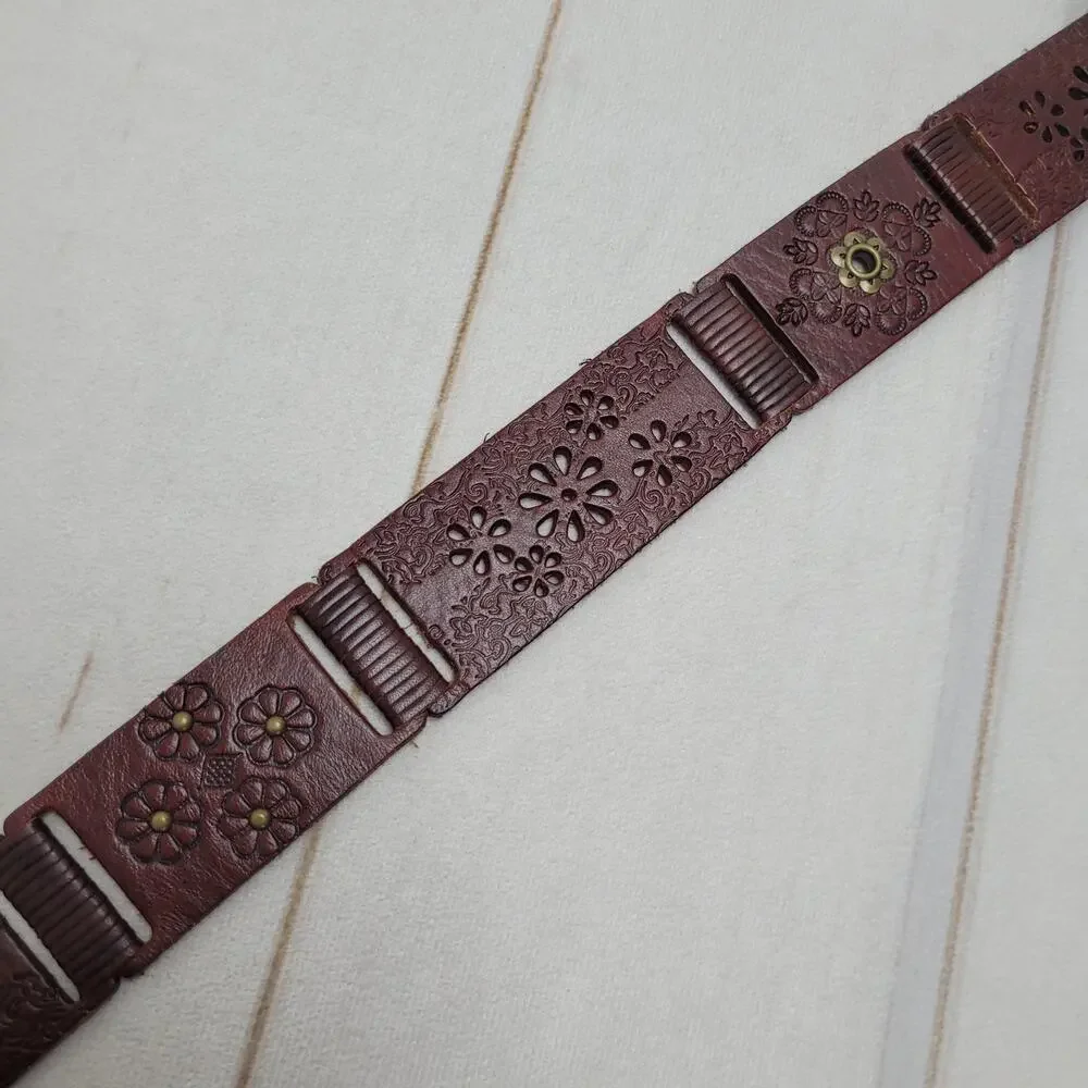 Fossil tooled floral studded leather patchwork belt boho bohemian L